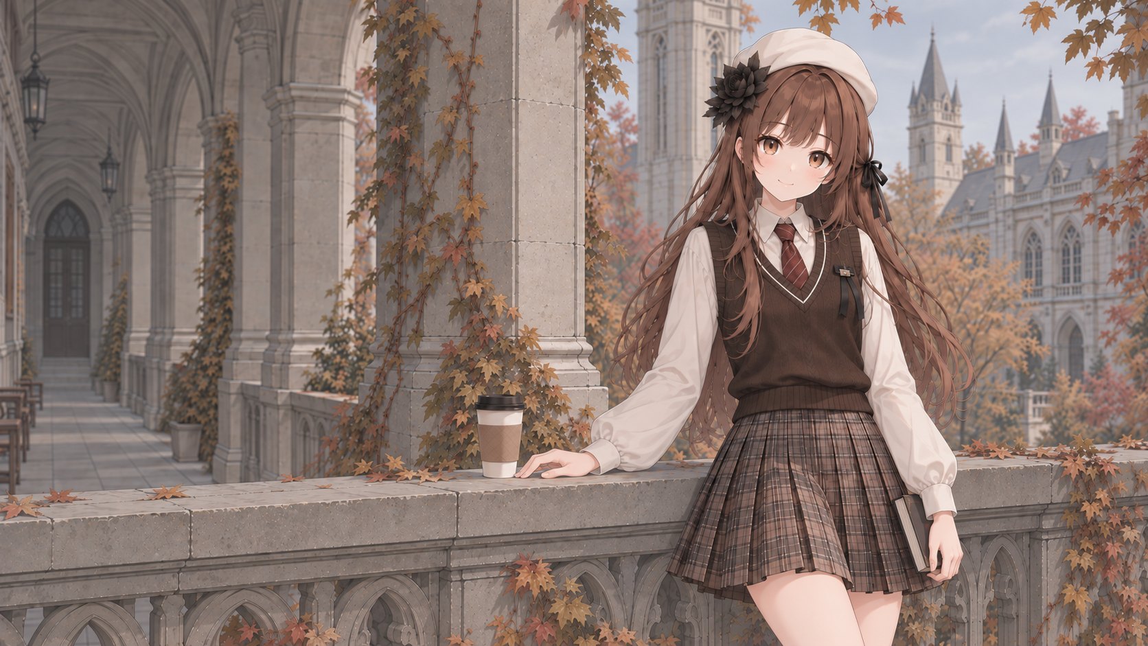 Autumn courtyard with a girl reading beside a stone balustrade